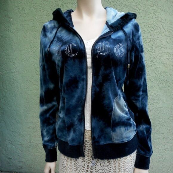 EUC BCBG Hooded Blue TieDye Zippered Jacket w/Rhinestones M - Picture 1 of 12